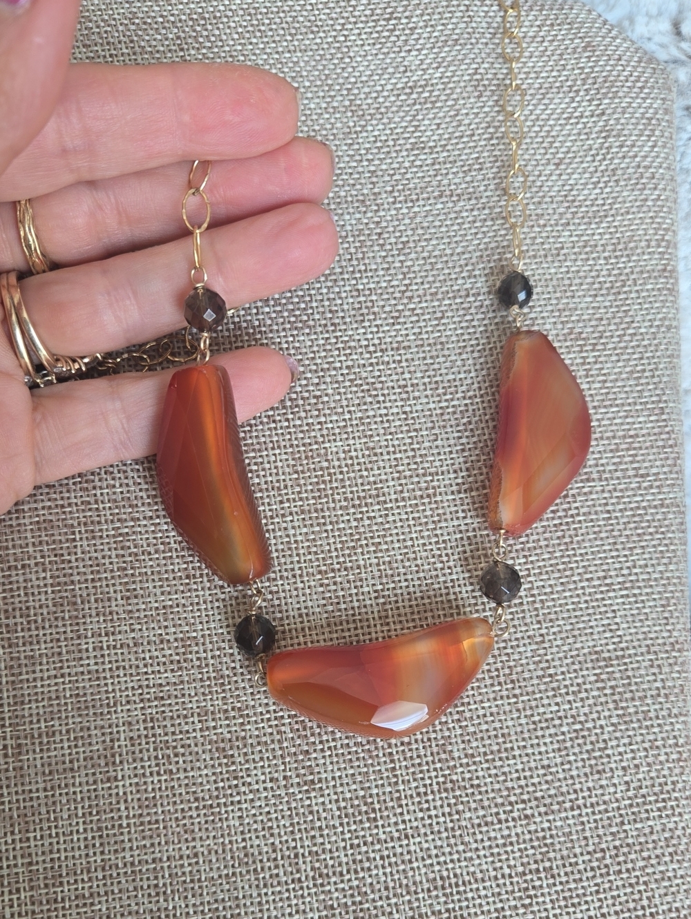 14/20 GF Carnelian Statement Necklace, Smokey Topaz, Vintage Jewelry